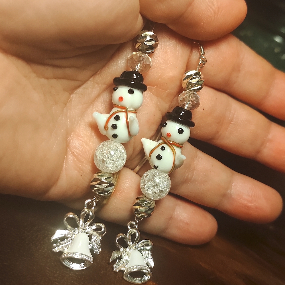 Charming Handmade Crystal And Gemstone Snowman Earrings With Silver Bells